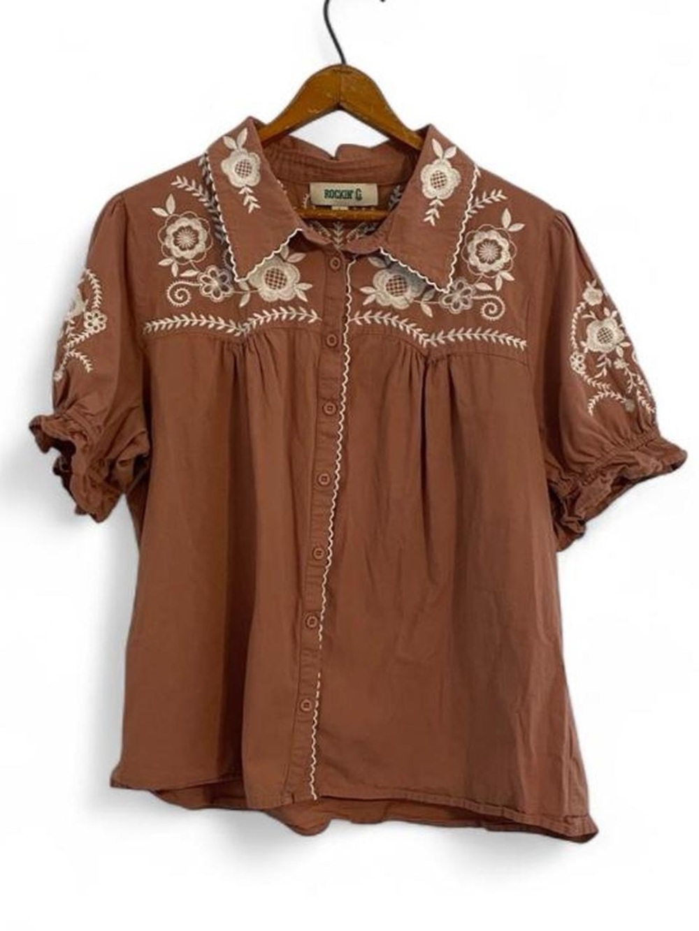 Rockin G Women's L Cotton Cowgirl Western Country Button Down Shirt Embroidered